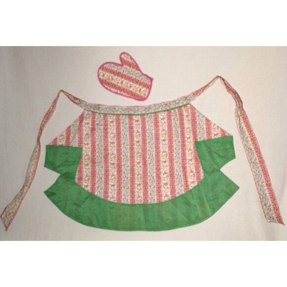 Vintage Homemade Kitchen Half Apron And Oven Mitt Pink Green Floral - Picture 3 of 15